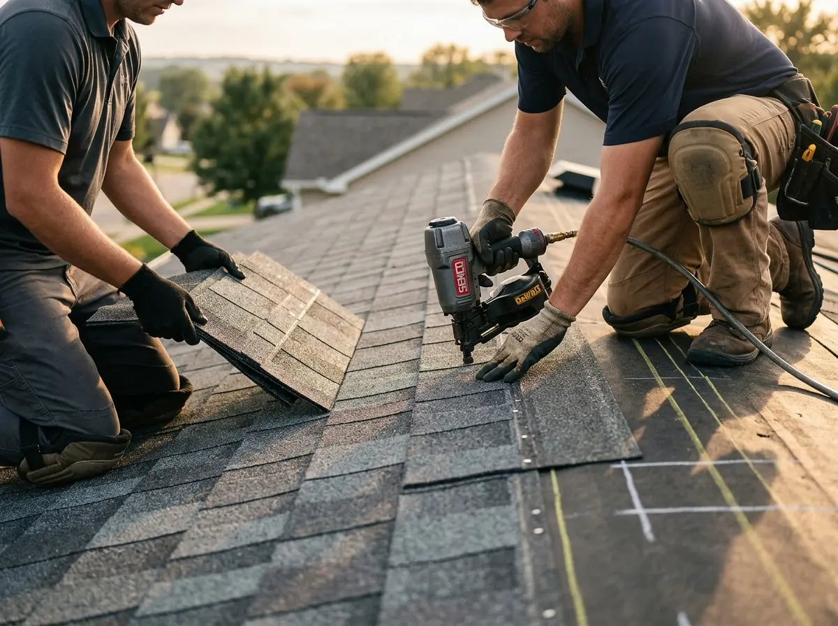 Professional roofer working on a residential roof in River Rouge